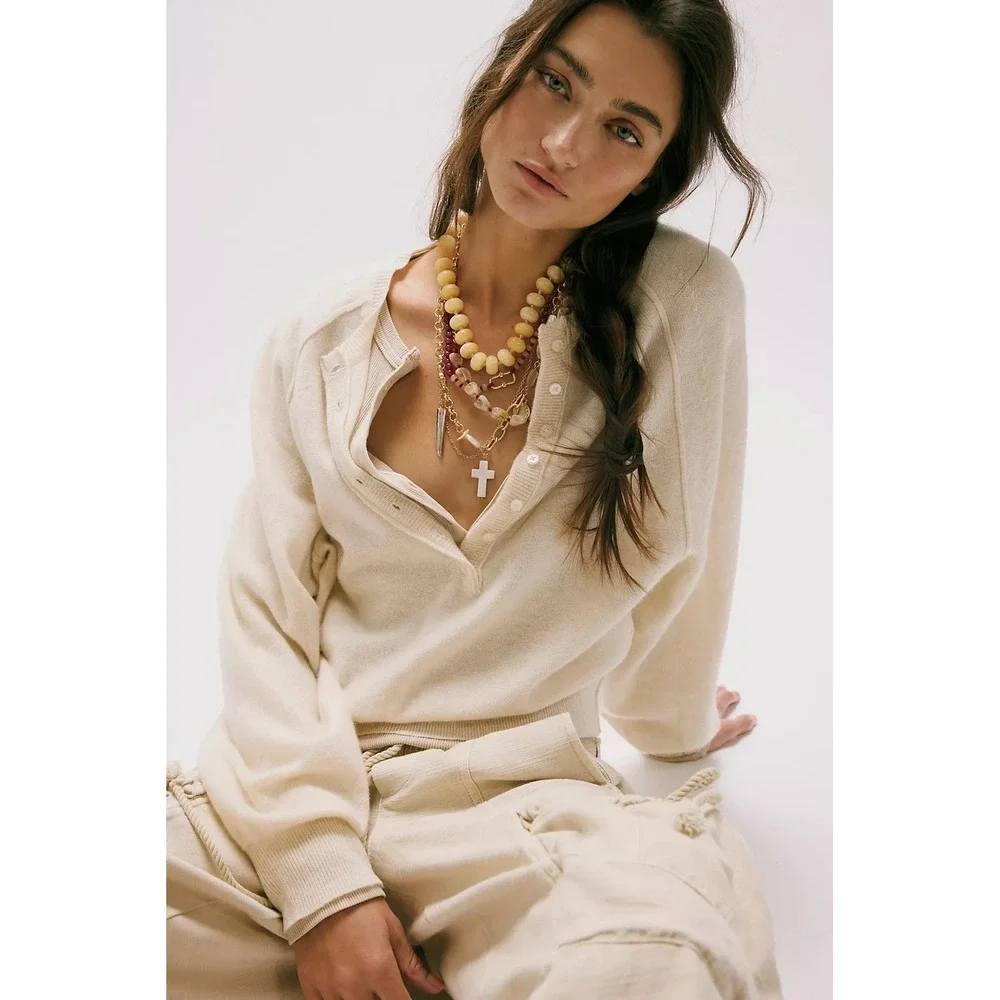 Free People Women 100% Cashmere Sweater Large Pearl Porta Henley